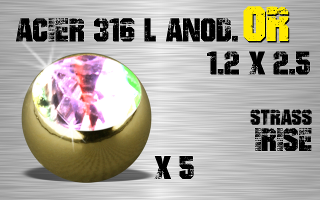Lot de 5 boules acier anod Or 1.2 x 2.5 - strass irise serti.