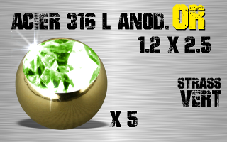 Lot de 5 boules acier anod Or 1.2 x 2.5 - strass vert serti.