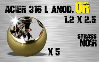 Lot de 5 boules acier anod Or 1.2 x 2.5 - strass noir serti.