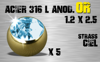 Lot de 5 boules acier anod Or 1.2 x 2.5 - strass ciel serti.