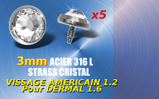 5 accessoire acier 316 - strass cristal - 3 mm de diametre - vissage 1.2 mm compatbile pour dermal et labret 1.6 mm
