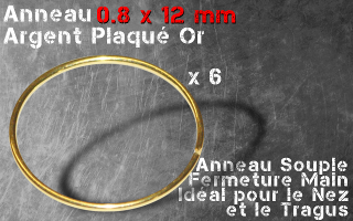 Lot de 6 anneaux argent 0.8 - 12 mm de diamtre - plaque Or - a fermer et ouvrir a la main - pour nez ,tragus,septum.