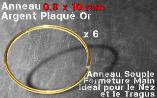 Lot de 6 anneaux argent 0.8 - 10 mm de diamtre - plaque Or - a fermer et ouvrir a la main - pour nez ,tragus,septum.