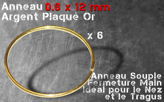 Lot de 6 anneaux argent 0.6 - 12 mm de diamtre - plaque Or - a fermer et ouvrir a la main - pour nez ,tragus,septum.