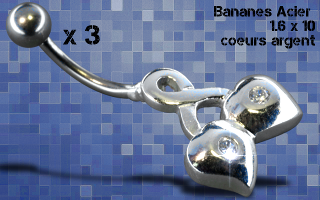 Lot 3 bananes acier 1.6 x 10 - coeur argent strass cristal