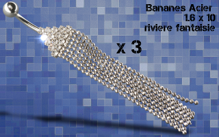 Lot 3 bananes acier 1.6 x 10 - pendentif rodium - strass sertis