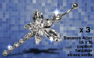 Lot 3 bananes acier 1.6 x 10 - papillon pendentif rodium - cristal zirconium sertis
