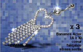 Lot 3 bananes acier 1.6 x 10 - pendentif coeur rodium - strass sertis