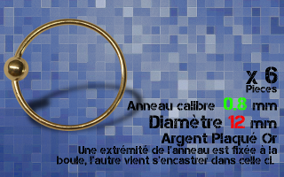 Lot de 6 anneaux , 0.8 x 12 mm - argent plaque Or - boule fixee a une extremite - autre extremite encastree dans la boule - ouverture main facile