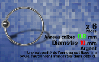 Lot de 6 anneaux , 0.8 x 10 mm - argent - boule fixee a une extremite - autre extremite encastree dans la boule - ouverture main facile