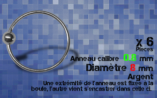 Lot de 6 anneaux , 0.8 x 8 mm - argent - boule fixee a une extremite - autre extremite encastree dans la boule - ouverture main facile