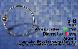Lot de 6 anneaux , 0.6 x 8 mm - argent - boule fixee a une extremite - autre extremite encastree dans la boule - ouverture main facile