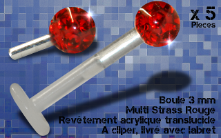 5 boules 3 mm multi strass rouge - revetement acrylique translucide avec labret bio 1.2 x 8 clip