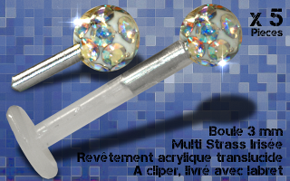 5 boules 3 mm multi strass irise - revetement acrylique translucide avec labret bio 1.2 x 8 clip
