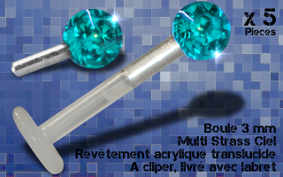 5 boules 3 mm multi strass ciel - revetement acrylique translucide avec labret bio 1.2 x 8 clip
