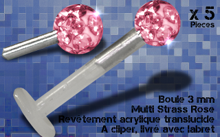 5 boules 3 mm multi strass rose - revetement acrylique translucide avec labret bio 1.2 x 8 clip