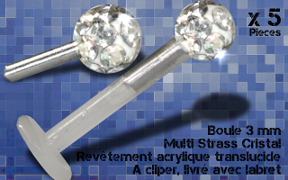 5 boules 3 mm multi strass cristal - revetement acrylique translucide avec labret bio 1.2 x 8 clip