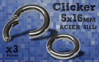 3 Anneaux clicker acier 316 - 5 x 16 mm- ouverture et fermeture sans pince