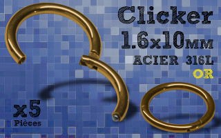 5 Anneaux clicker acier 316 dore - 1.6x10 mm- ouverture et fermeture sans pince