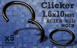 5 Anneaux clicker acier 316 noir - 1.6x10 mm- ouverture et fermeture sans pince