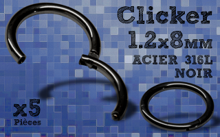 5 Anneaux clicker acier 316 noir - 1.2x8 mm- ouverture et fermeture sans pince