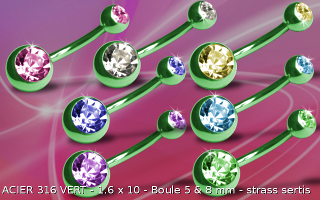 7 bananes acier 1.6 x 10 - Acier vert - boules 5 et 8 mm strass sertis