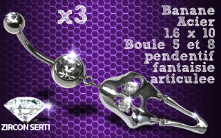 Lot de 3 bananes acier 1.6 x 10 avec pendentif rodium HQ articule . zircon sertis