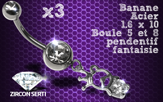 Lot de 3 bananes acier 1.6 x 10 avec pendentif rodium HQ. zircon sertis