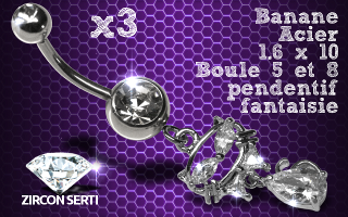 Lot de 3 bananes acier 1.6 x 10 avec pendentif rodium HQ articule . zircon sertis