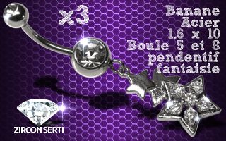 Lot de 3 bananes acier 1.6 x 10 avec pendentif rodium HQ . zircon sertis