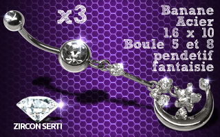 Lot de 3 bananes acier 1.6 x 10 avec pendentif rodium HQ articule . zircon sertis