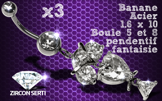 Lot de 3 bananes acier 1.6 x 10 avec pendentif rodium HQ articule . zircon sertis