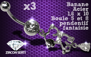 Lot de 3 bananes acier 1.6 x 10 avec pendentif rodium HQ articule . zircon sertis