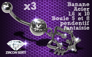 Lot de 3 bananes acier 1.6 x 10 avec pendentif rodium HQ . zircon sertis