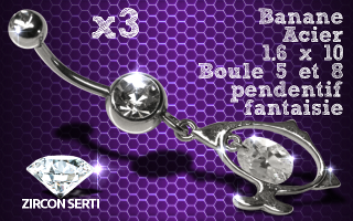 Lot de 3 bananes acier 1.6 x 10 avec pendentif rodium HQ articule . zircon sertis