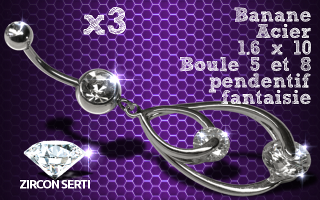Lot de 3 bananes acier 1.6 x 10 avec pendentif rodium HQ. zircon sertis