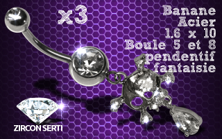 Lot de 3 bananes acier 1.6 x 10 avec pendentif rodium HQ articule . zircon sertis