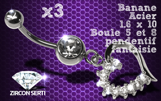 Lot de 3 bananes acier 1.6 x 10 avec pendentif rodium HQ . zircon sertis