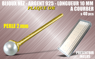lot de 40 bijoux de nez argent 925 Plaque Or a courber - 10 mm de long - boule imitation perle 2.0 mm - presentoir acrylique inclus.