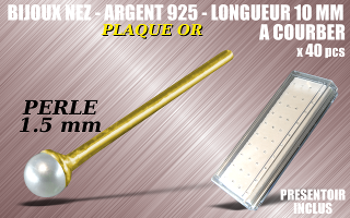 lot de 40 bijoux de nez argent 925 Plaque Or a courber - 10 mm de long - boule imitation perle 1.5 mm - presentoir acrylique inclus.