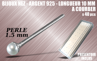 lot de 40 bijoux de nez argent 925 a courber - 10 mm de long - boule imitation perle 2.0 mm - presentoir acrylique inclus.