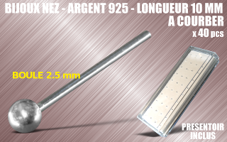 lot de 40 bijoux de nez argent 925 a courber - 10 mm de long - boule 2.5 mm - presentoir acrylique inclus.