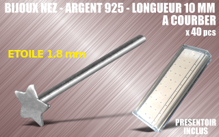 lot de 40 bijoux de nez argent 925 a courber - 10 mm de long - etoile 1.8 mm - presentoir acrylique inclus.