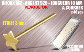 lot de 40 bijoux de nez argent 925 plaque Or a courber - 10 mm de long - etoile 3 mm - presentoir acrylique inclus.