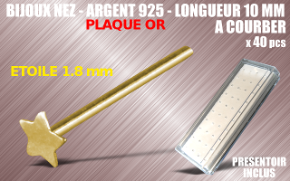 lot de 40 bijoux de nez argent 925 plaque Or a courber - 10 mm de long - etoile 1.8 mm - presentoir acrylique inclus.
