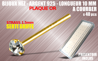 lot de 40 bijoux de nez argent 925 plaque Or a courber - 10 mm de long - strass cristal serti griffe 1.5 mm - presentoir acrylique inclus.