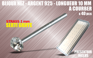 lot de 40 bijoux de nez argent 925 a courber - 10 mm de long - strass cristal serti griffe 1 mm - presentoir acrylique inclus.