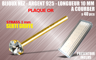 lot de 40 bijoux de nez argent 925 plaque Or a courber - 10 mm de long - strass cristal serti griffe 1 mm - presentoir acrylique inclus.