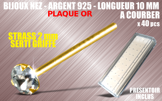 lot de 40 bijoux de nez argent 925 plaque Or a courber - 10 mm de long - strass cristal serti griffe 2 mm - presentoir acrylique inclus.