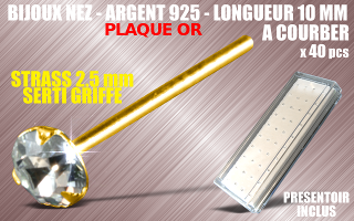 lot de 40 bijoux de nez argent 925 plaque Or a courber - 10 mm de long - strass cristal serti griffe 2.5 mm - presentoir acrylique inclus.